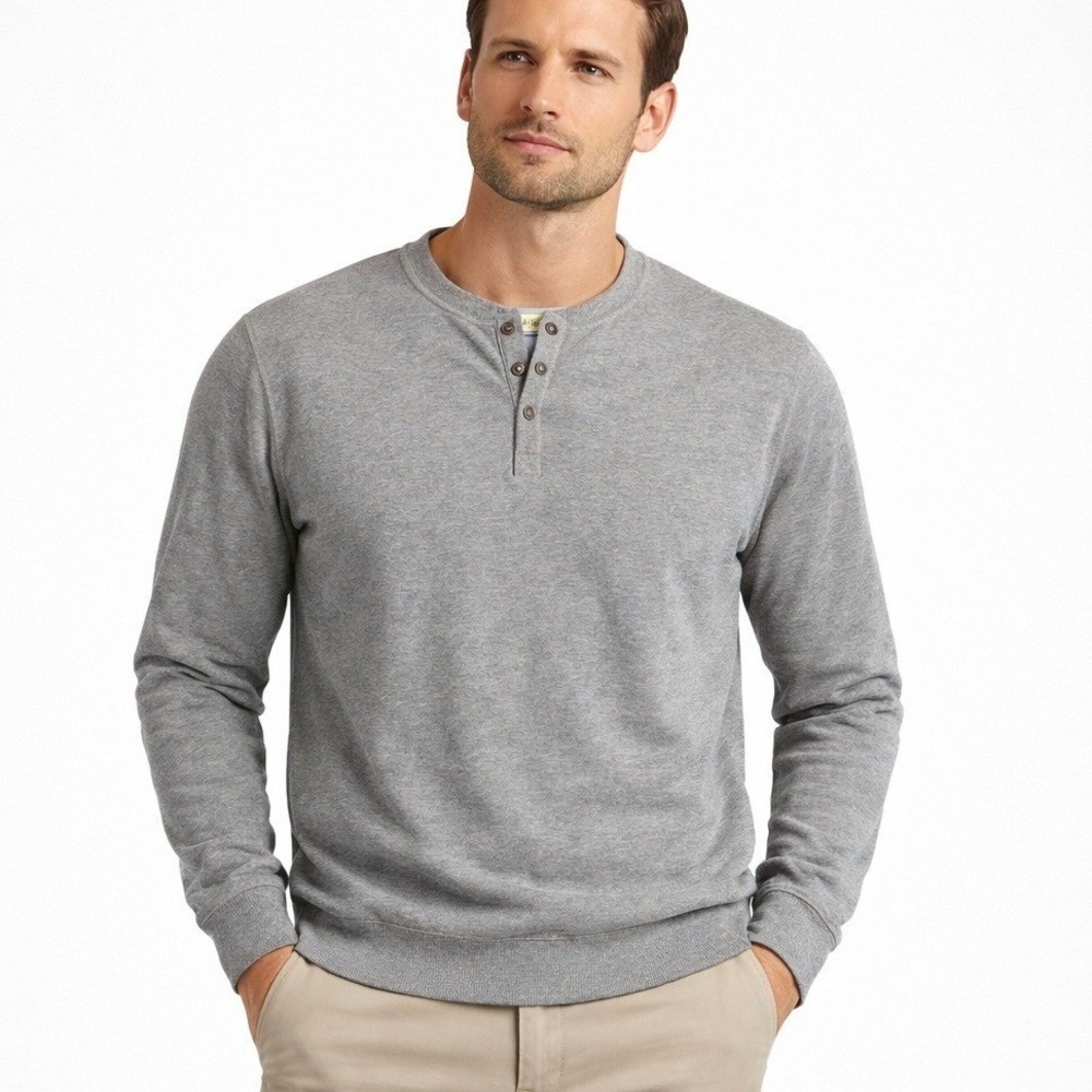 Eddie Bauer Shirt Mens Large Tall Gray Henley Sweatshirt Cotton Quarter Snap